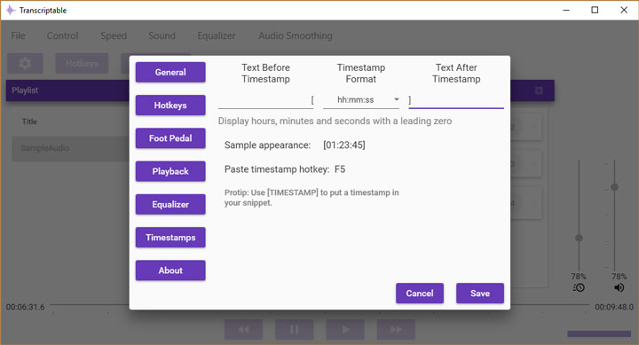 Timestamp Settings Screenshot